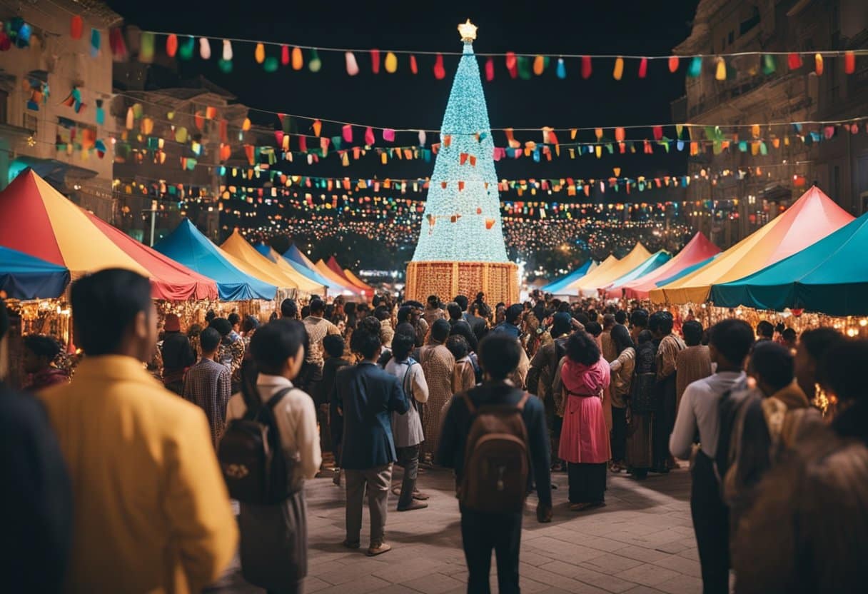 A diverse group of people gather in a vibrant public square, adorned with colorful decorations and engaging in various cultural rituals and festivities, symbolizing the unifying role of traditions in promoting community cohesion worldwide