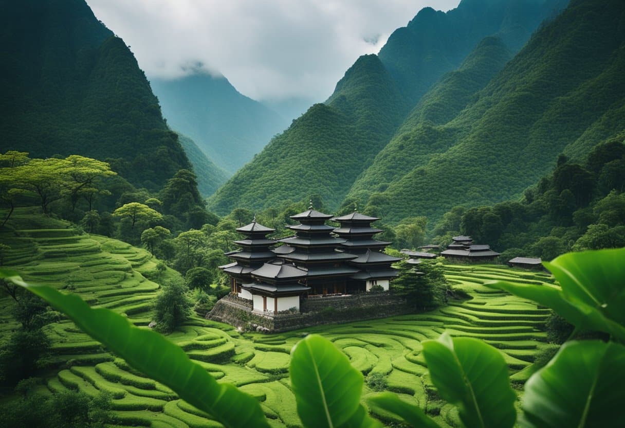 Lush green mountains surrounded by flowing rivers, with diverse flora and fauna. A temple sits atop a peak, symbolizing the cultural and spiritual significance of mountains in religion and mythology