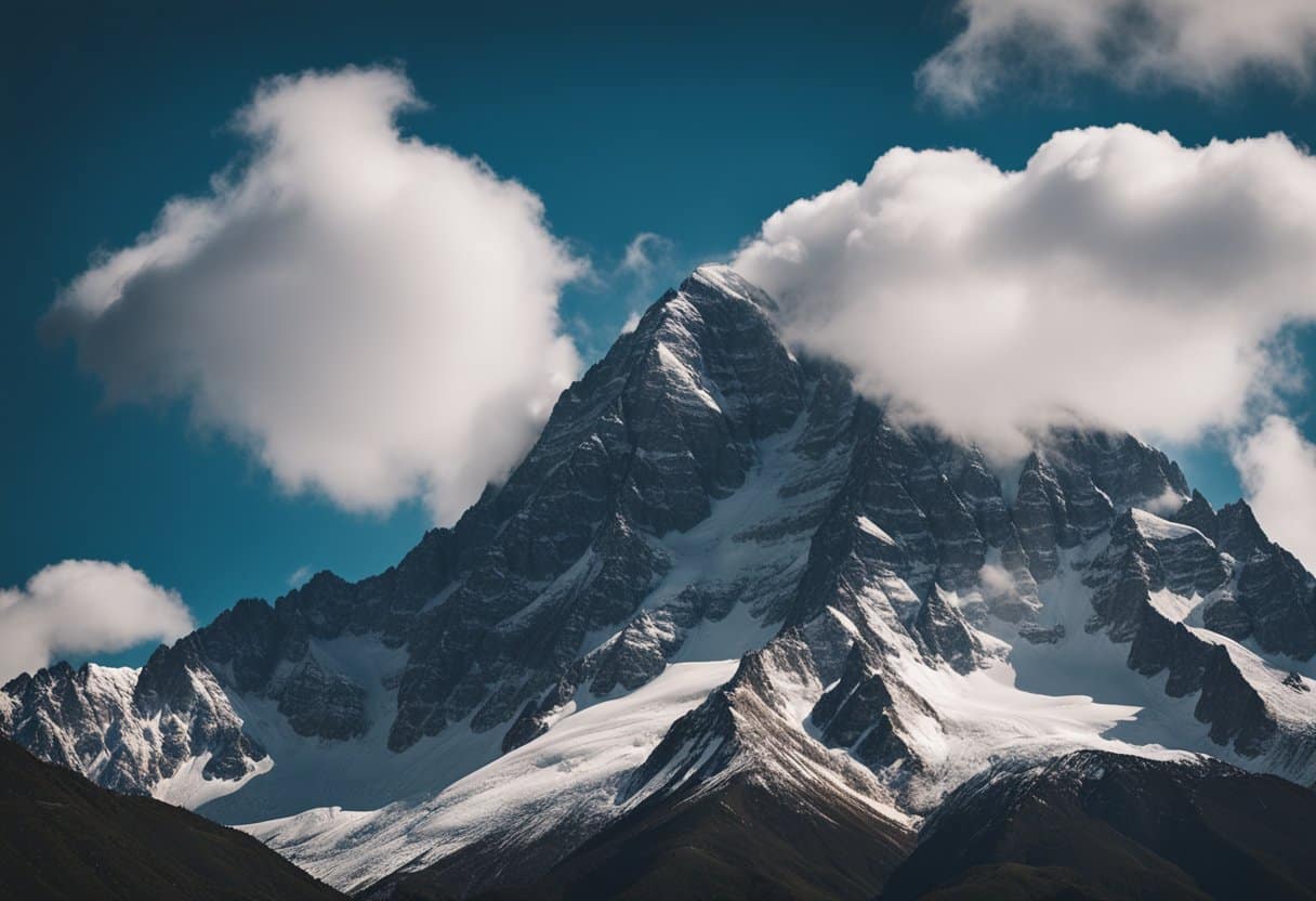 A towering mountain peak looms against a dramatic sky, evoking a sense of awe and reverence. Its rugged slopes and majestic presence symbolize the enduring cultural significance of mountains in religion and mythology