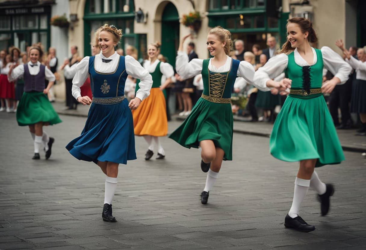 A group of dancers perform traditional Irish dances in a lively and spirited manner, showcasing the rich folklore and cultural heritage of Ireland