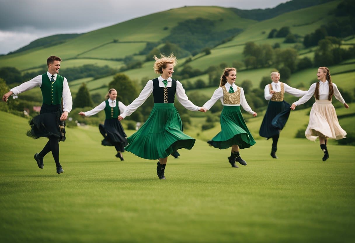 Folklore-Inspired Irish Dances - A group of dancers performing traditional Irish dances amidst a backdrop of rolling green hills and a quaint village setting