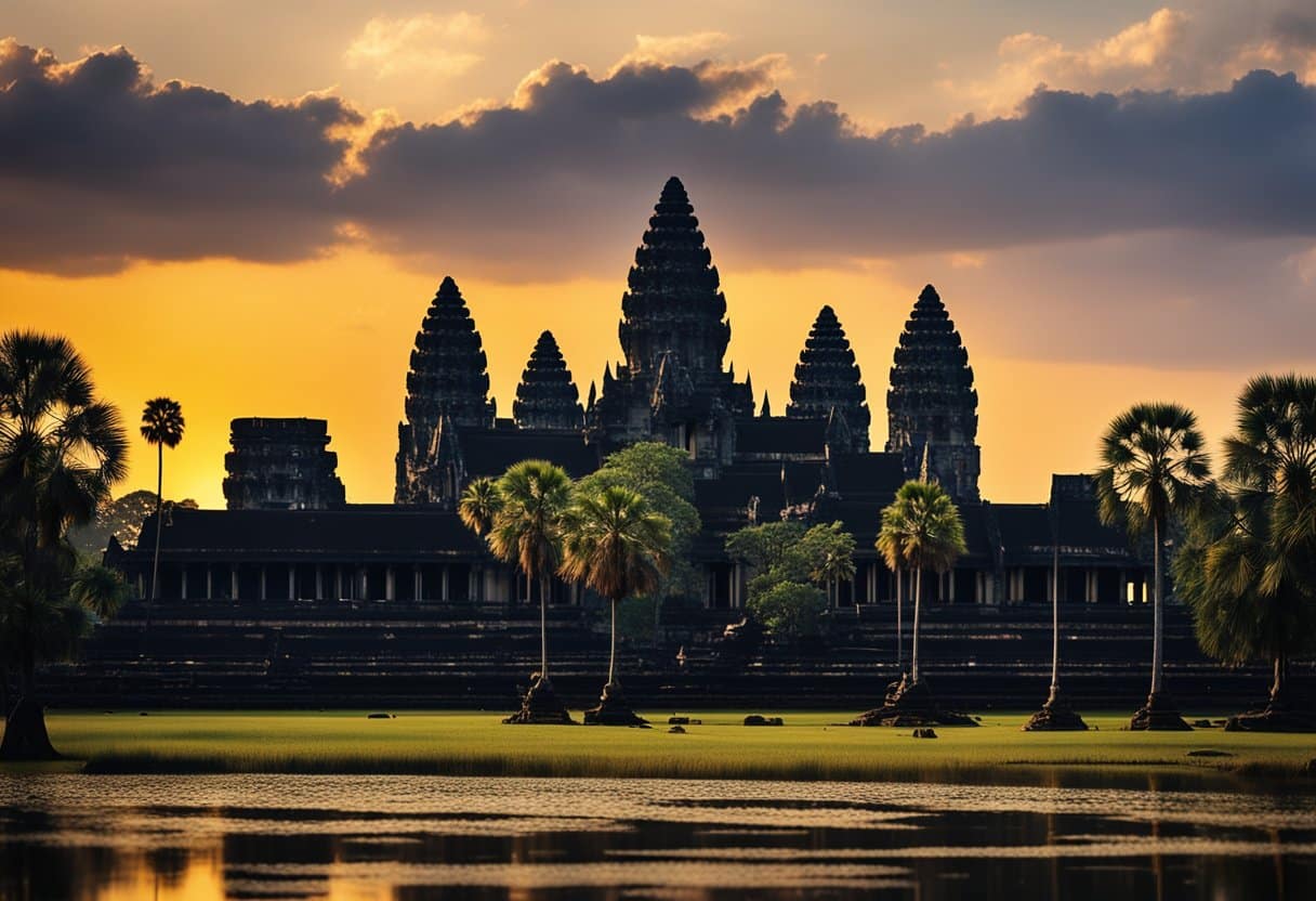 Sunset illuminates the grand silhouette of Angkor Wat, its intricate spires and stone carvings bathed in golden light. The ancient temple stands as a testament to the architectural mastery of the Khmer Empire