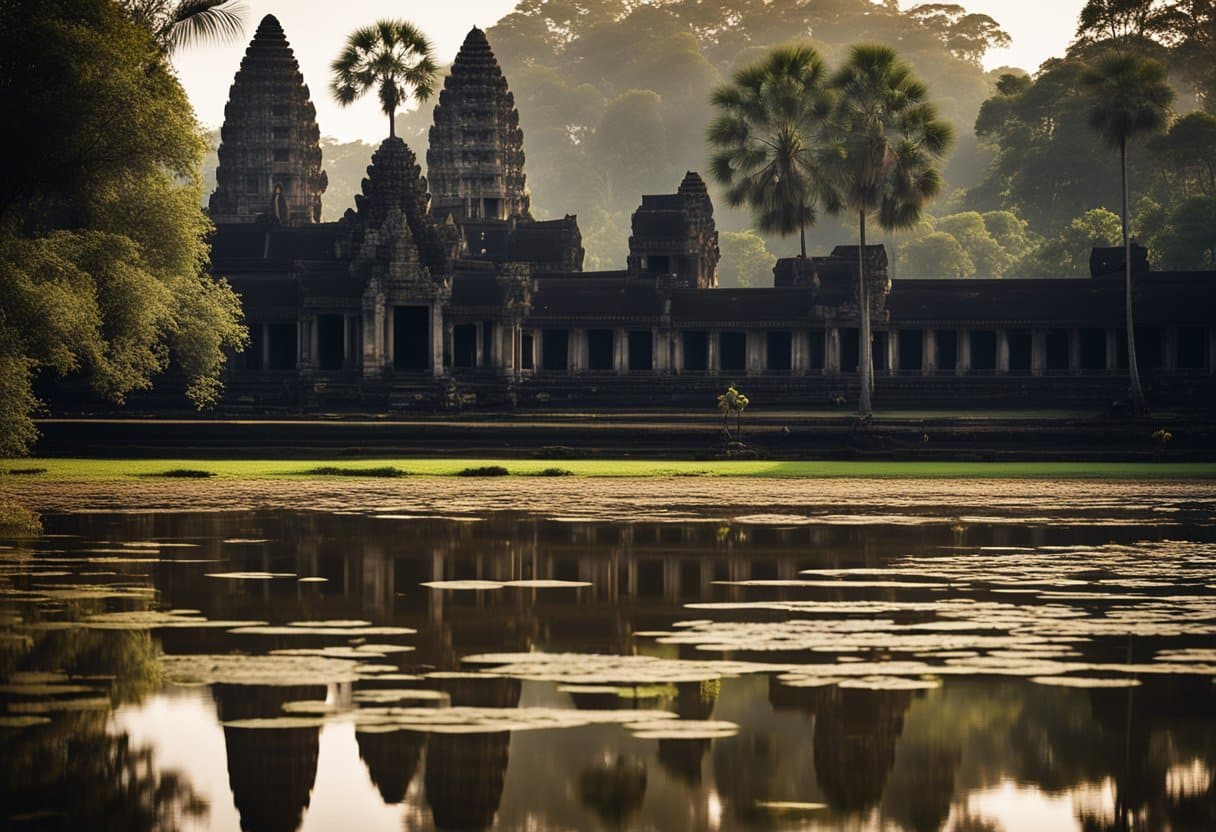 Lush jungle surrounds the towering stone temples of Angkor Wat, reflecting in the tranquil waters of the surrounding moat. The sun casts a warm glow on the intricate carvings and grand architecture, showcasing the empire's grandeur