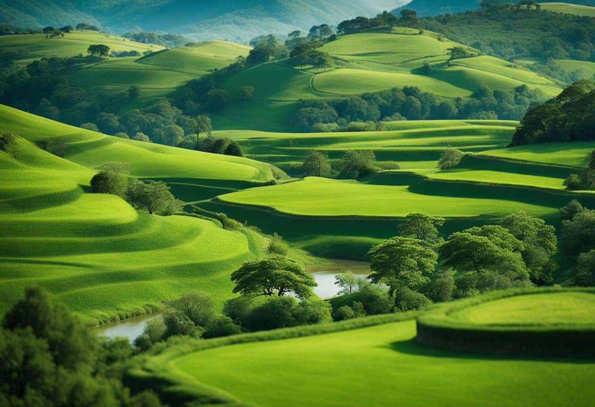 Ireland’s Sustainable Tourism: A lush green landscape with rolling hills, ancient stone ruins, and a meandering river, surrounded by native flora and fauna