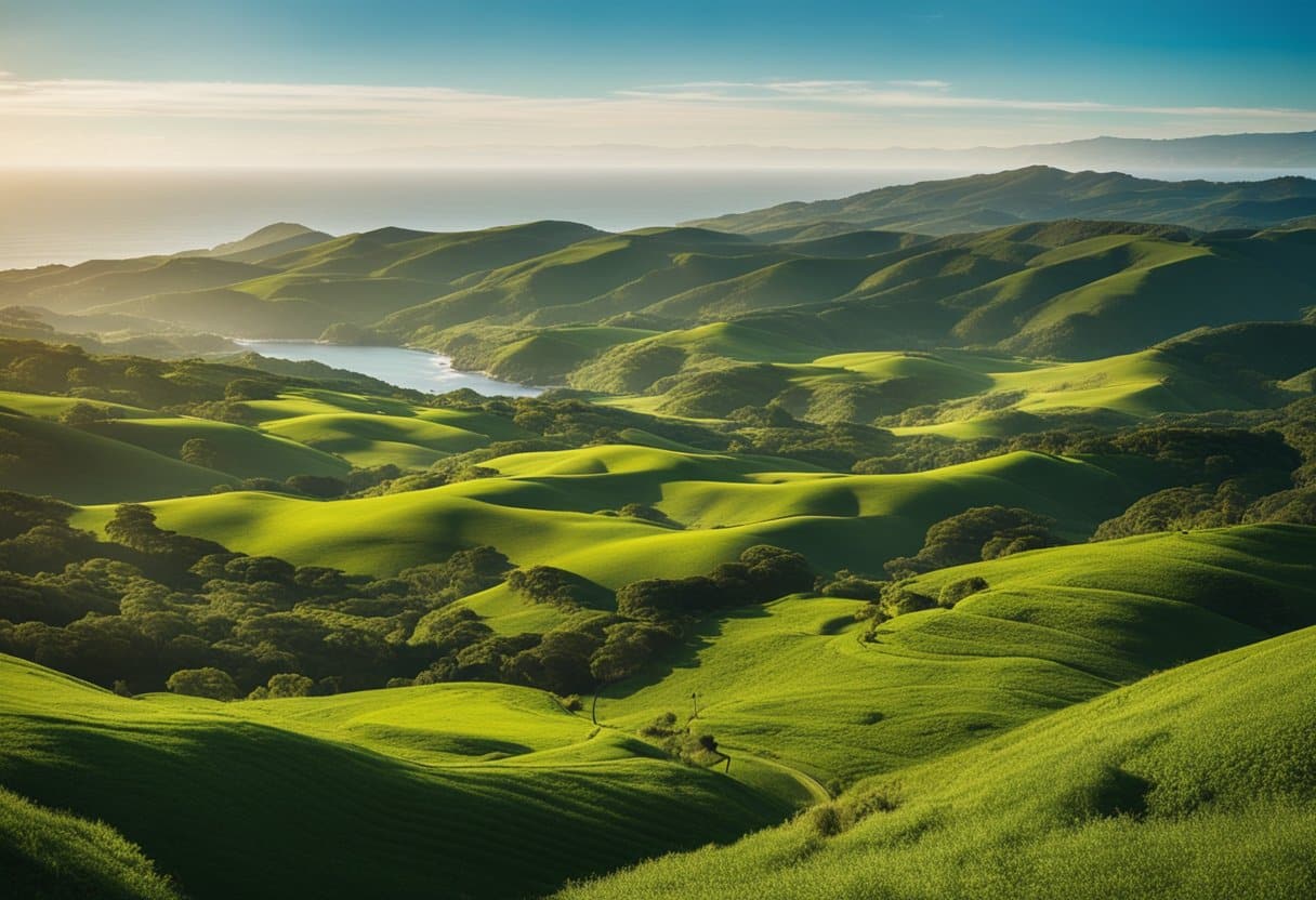 Ireland’s Sustainable Tourism: Lush green landscape, rolling hills, and pristine coastline. Native wildlife thriving in protected habitats. Renewable energy sources and eco-friendly accommodations blending seamlessly with nature