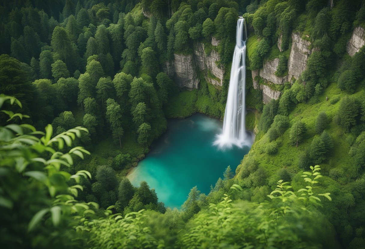 Ireland’s Sustainable Tourism: A lush green landscape with rolling hills, ancient forests, and crystal-clear lakes. A majestic waterfall cascades down a rocky cliff, surrounded by diverse wildlife and colorful flora