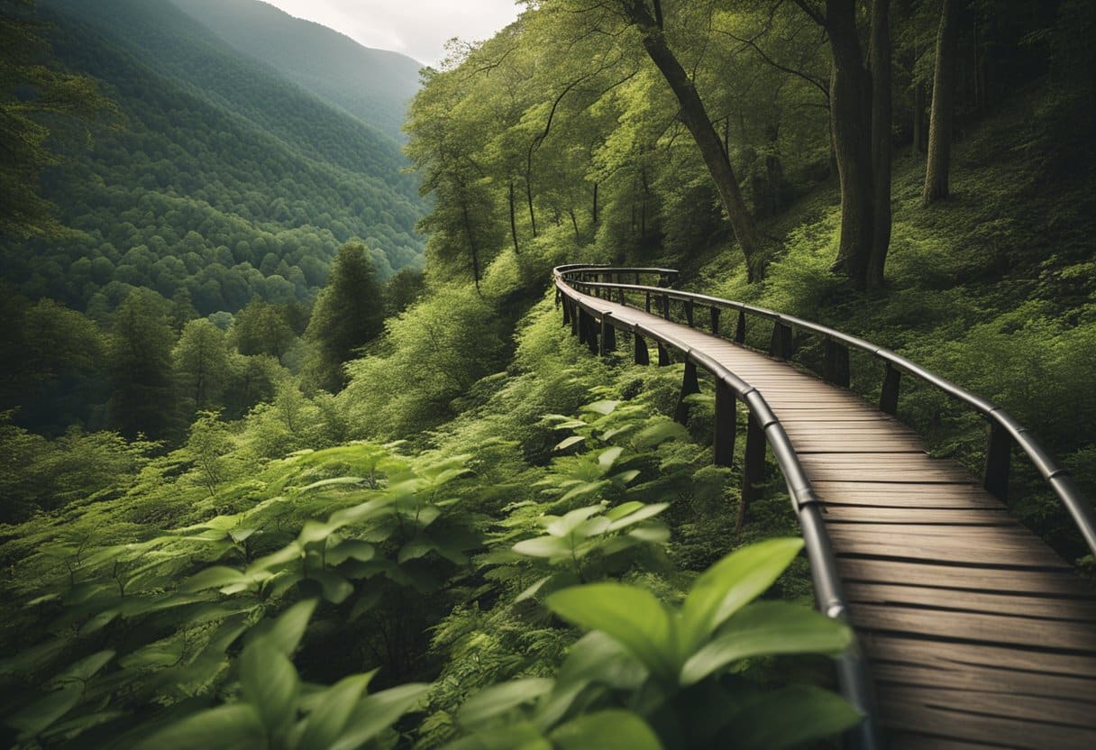 The Appalachian Trail - A winding trail through lush forest, crossing streams and rocky terrain, with the Appalachian Mountains in the distance