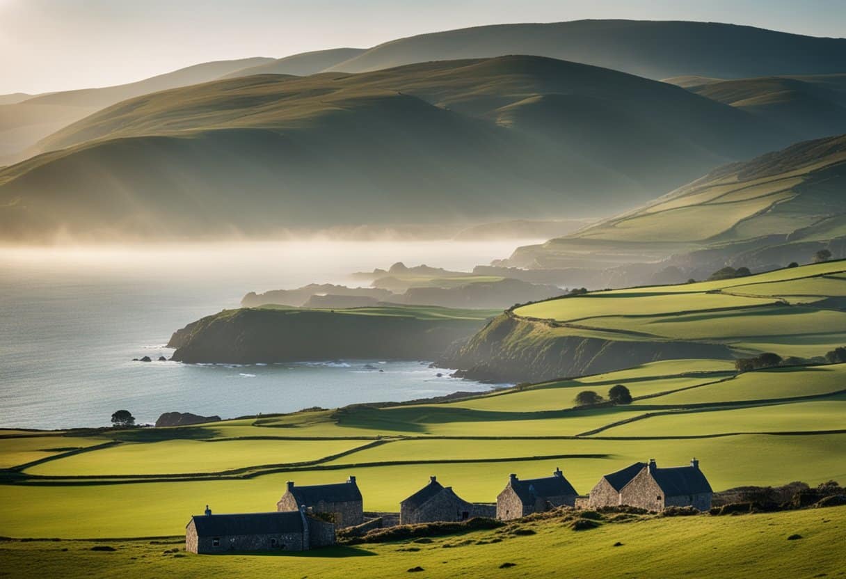 Connemara’s Landscape: A rugged coastline meets rolling hills, dotted with traditional stone cottages and grazing sheep. Mountains loom in the distance, shrouded in mist, while the sea crashes against the shore