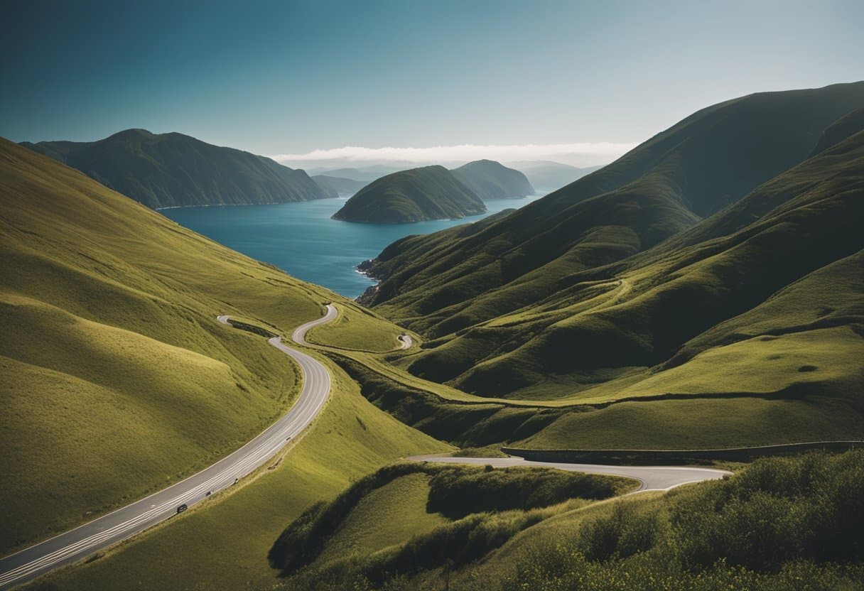 Connemara’s Landscape: Rolling hills meet the rugged coastline, framed by towering mountains. A winding road cuts through the picturesque landscape, leading to the tranquil sea