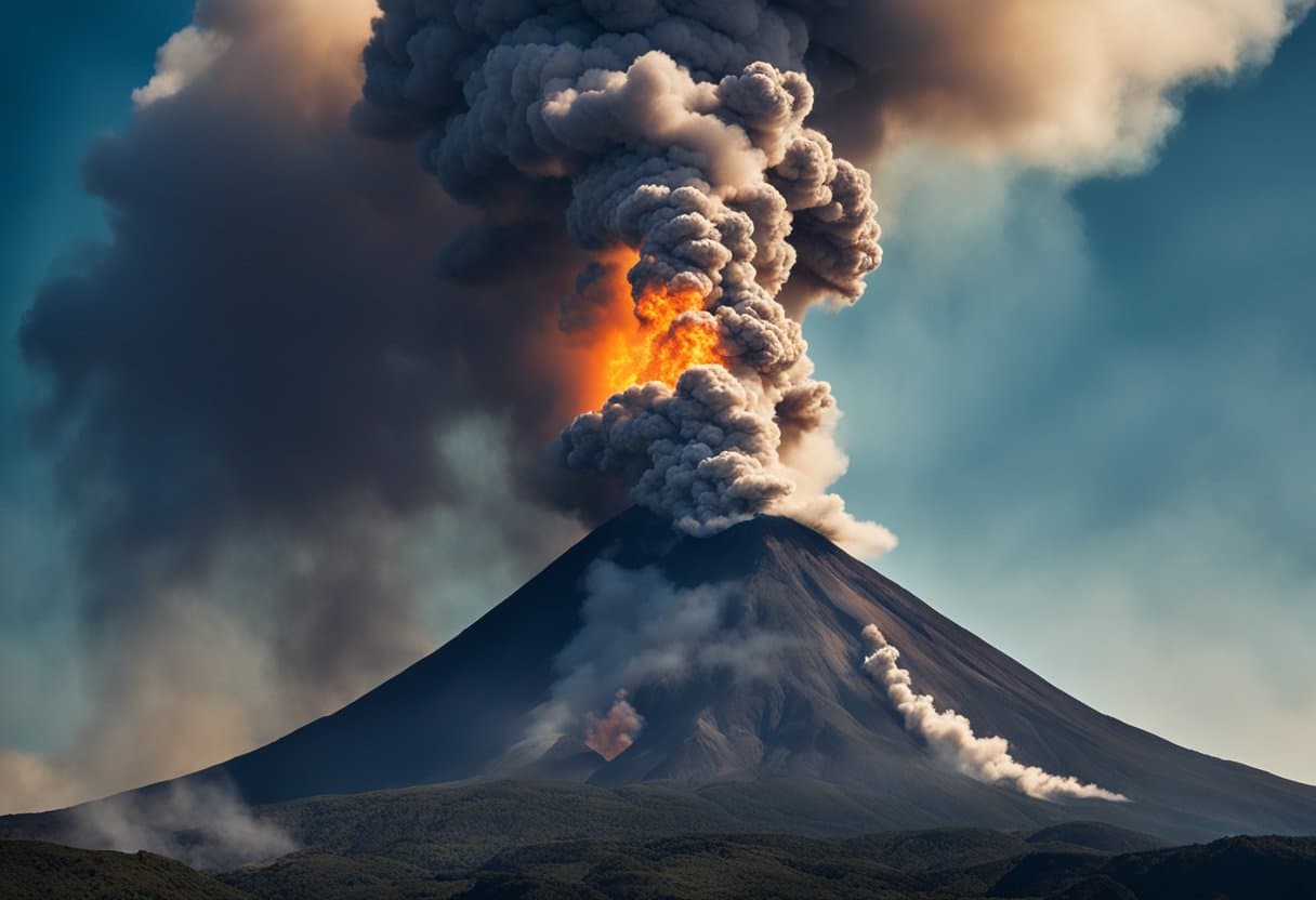 A volcano erupts, spewing molten lava and billowing smoke into the air. The surrounding landscape is dotted with other active volcanoes, creating a dramatic and dangerous scene