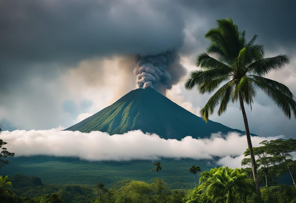 Lush greenery surrounds a majestic volcano, emitting plumes of smoke and ash. Tourists marvel at the raw power of nature, while conservation efforts strive to protect the delicate ecosystem