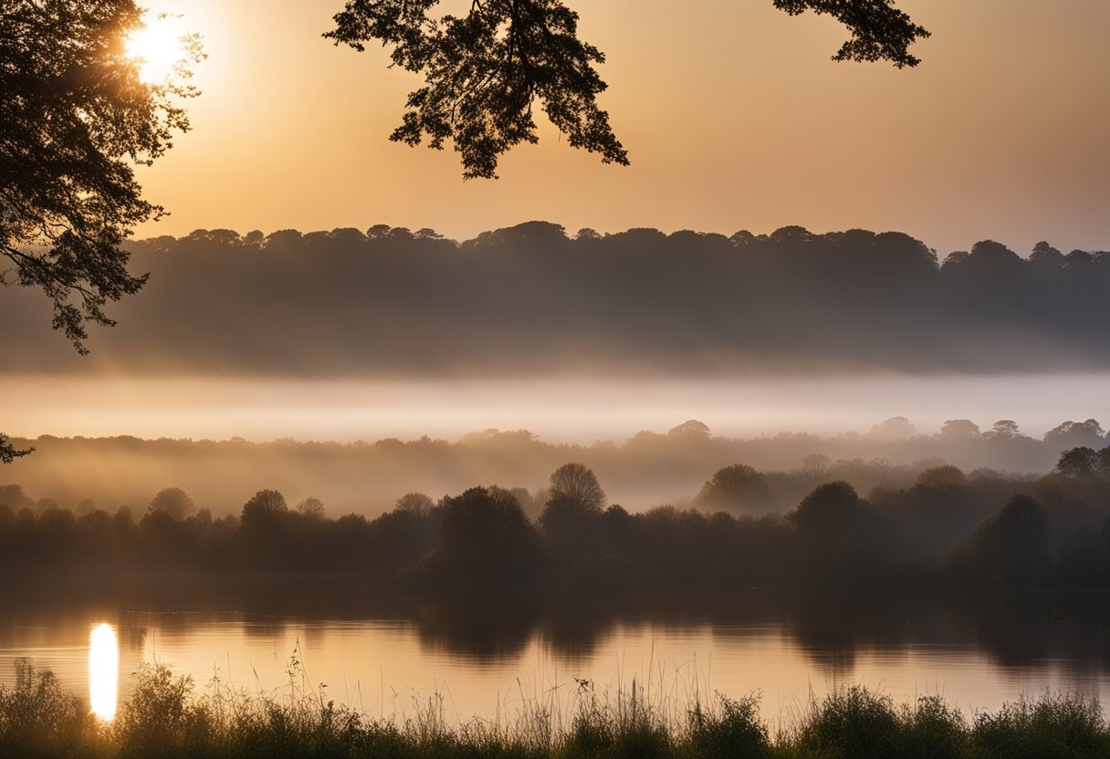 Lough Neagh shrouded in mist, surrounded by ancient forests and rolling hills, with the sun setting behind it, creating a mystical and enchanting atmosphere