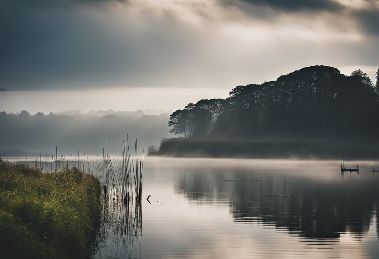 Lough Neagh, surrounded by misty hills, reflects the ancient legends of its mystical origins. The water shimmers with a sense of mystery and history, while the surrounding landscape exudes a serene and timeless beauty