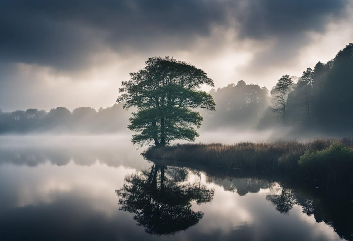 Lough Neagh shrouded in mist, surrounded by ancient forests, with dramatic clouds and swirling winds