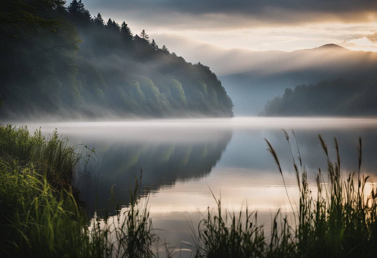 Lough Neagh, shrouded in mist, surrounded by ancient forests and looming mountains, exudes an air of mystery and legend. The calm waters reflect the ever-changing sky, hinting at the mystical origins of this legendary lake