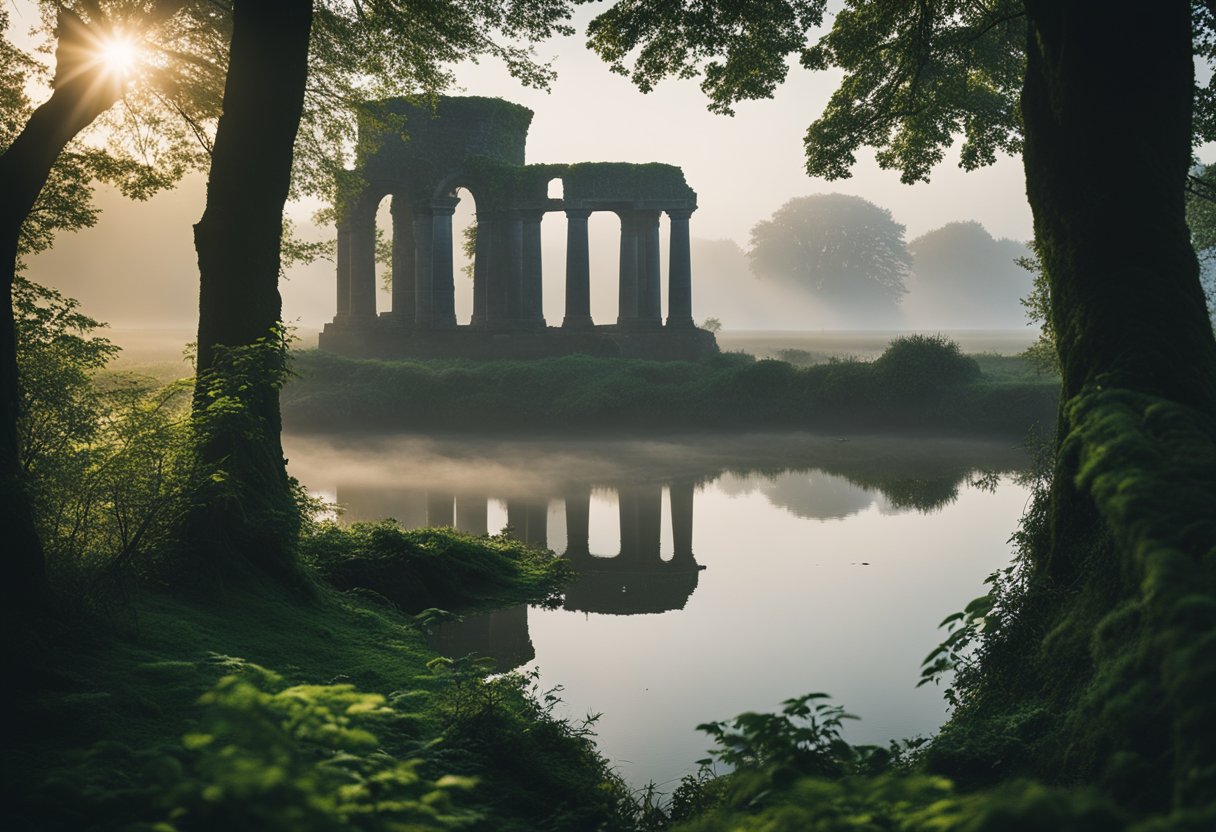 Lough Neagh shrouded in mist, surrounded by ancient ruins and lush greenery, with a sense of mystery and wonder in the air