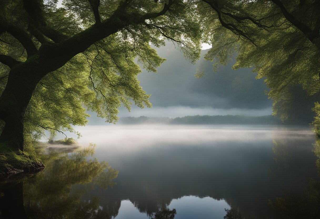 The lake Lough Neagh emerges from the earth, surrounded by lush greenery and misty mountains. Mythical creatures and ancient symbols adorn the landscape, evoking a sense of mystical origins