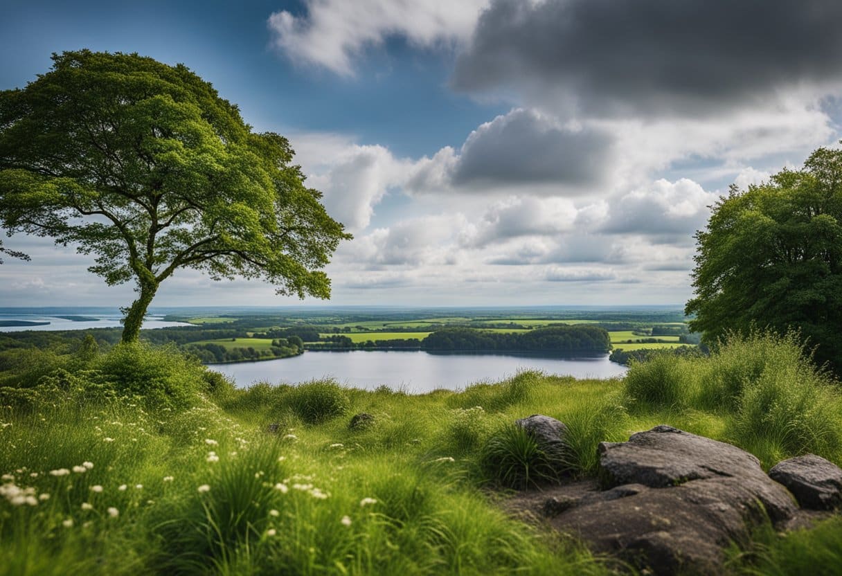the Largest Lake in the UK - Lough Neagh formed from glacial activity, surrounded by rolling hills and lush greenery. Legends speak of mystical origins, adding an air of mystery to the vast, serene lake