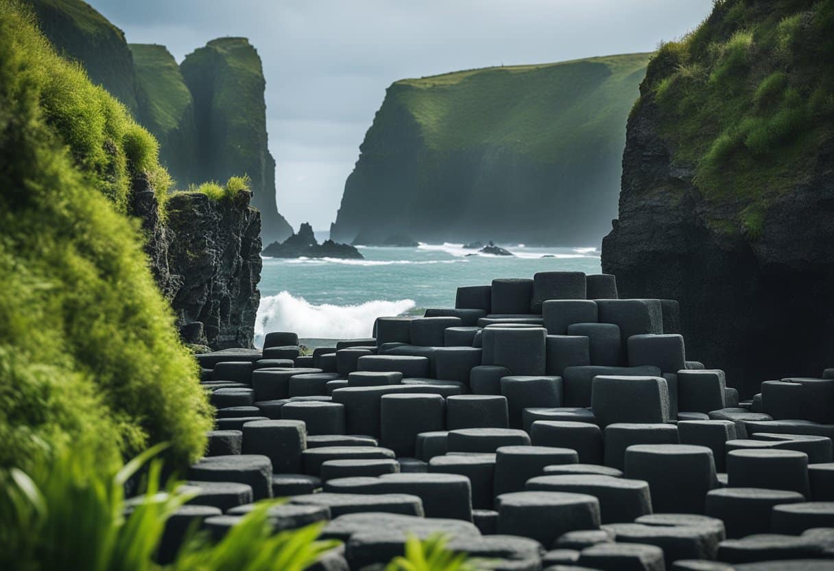 The Giant’s Causeway: Hexagonal basalt columns rise from the sea, framed by lush green cliffs. Seabirds circle above, and waves crash against the ancient rock formations