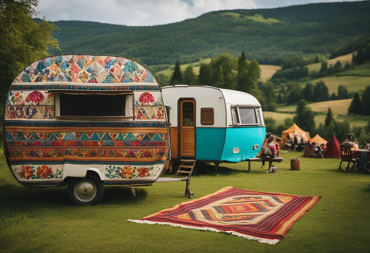 A colorful caravan travels through a lush European countryside, with vibrant Romani textiles hanging from the windows. A campfire burns outside, surrounded by dancing figures and traditional music