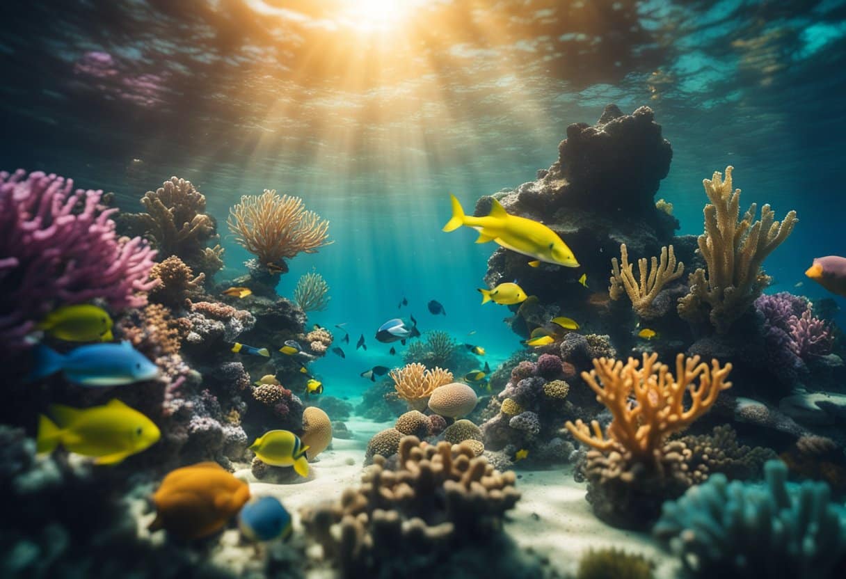 Colorful sculptures rest on the ocean floor, surrounded by vibrant coral and marine life. Sunlight filters through the water, casting a mesmerizing glow on the underwater art