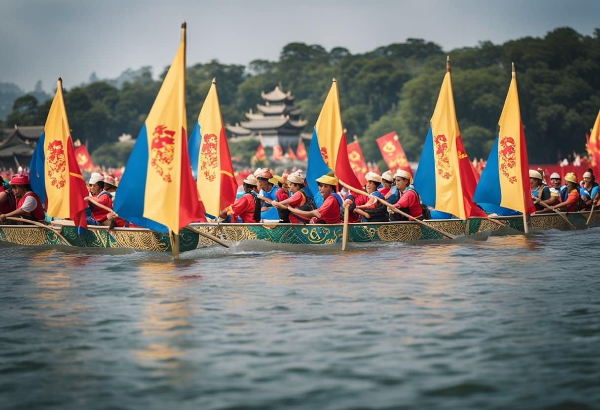 Dragon boats race on a serene river, adorned with colorful flags and traditional Chinese symbols. Spectators line the banks, cheering on the teams with enthusiasm