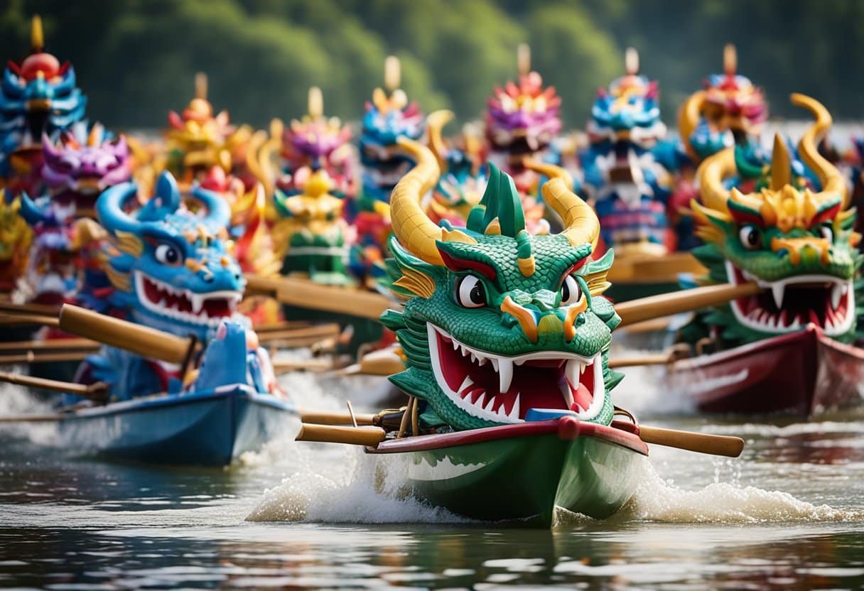 Dragon boats racing on a river, adorned with colorful dragon heads and tails. Spectators cheer from the banks as the rhythmic drumming sets the pace for the intense competition