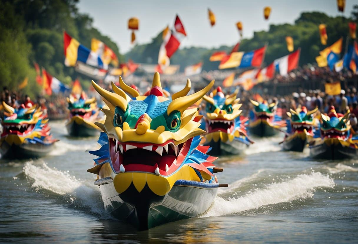 Dragon boats race along the river, adorned with vibrant colors and fierce dragon heads. Spectators line the banks, cheering and waving flags as the boats slice through the water