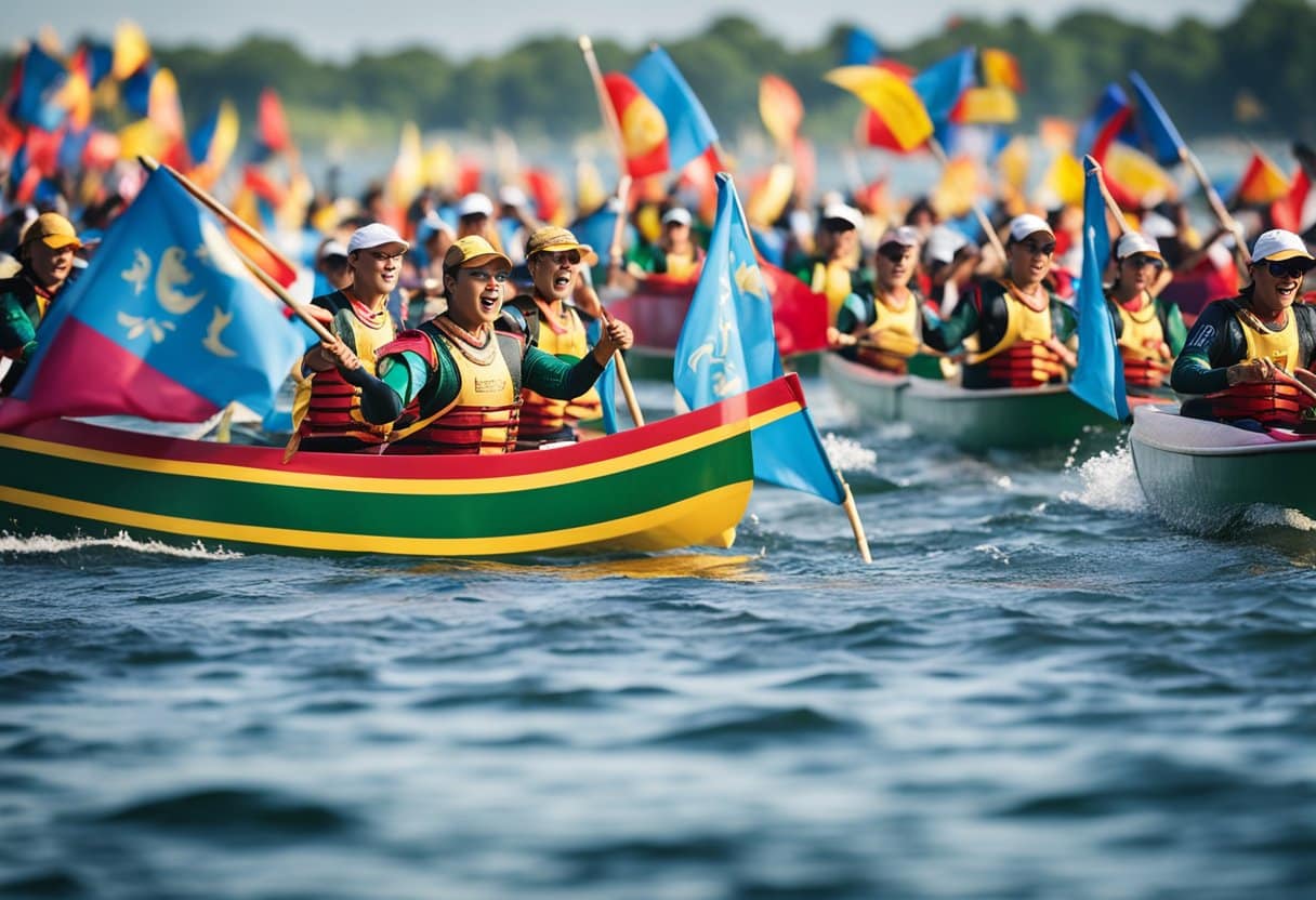Dragon boats racing on water, colorful flags waving, spectators cheering on the shore