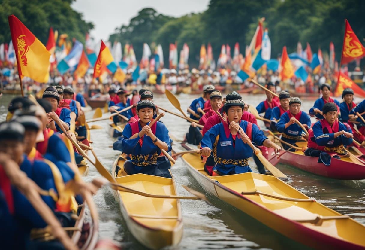Dragon boats race on a river, paddlers in sync, drums beating, spectators cheering, colorful flags waving, and traditional rituals performed on the shore