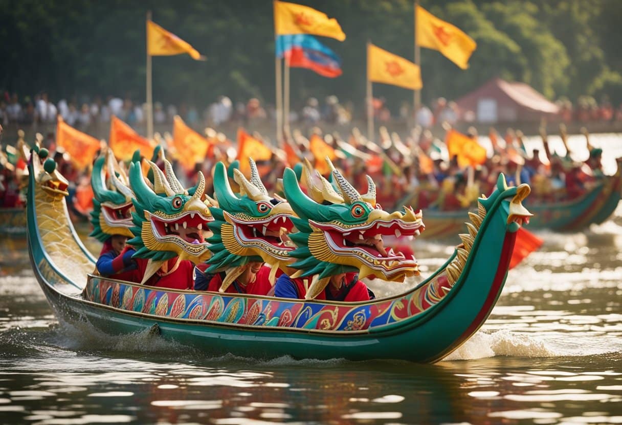 Dragon boats racing on a river, adorned with colorful dragon designs. Spectators line the shore, cheering and waving flags. A festive atmosphere with traditional music and rituals