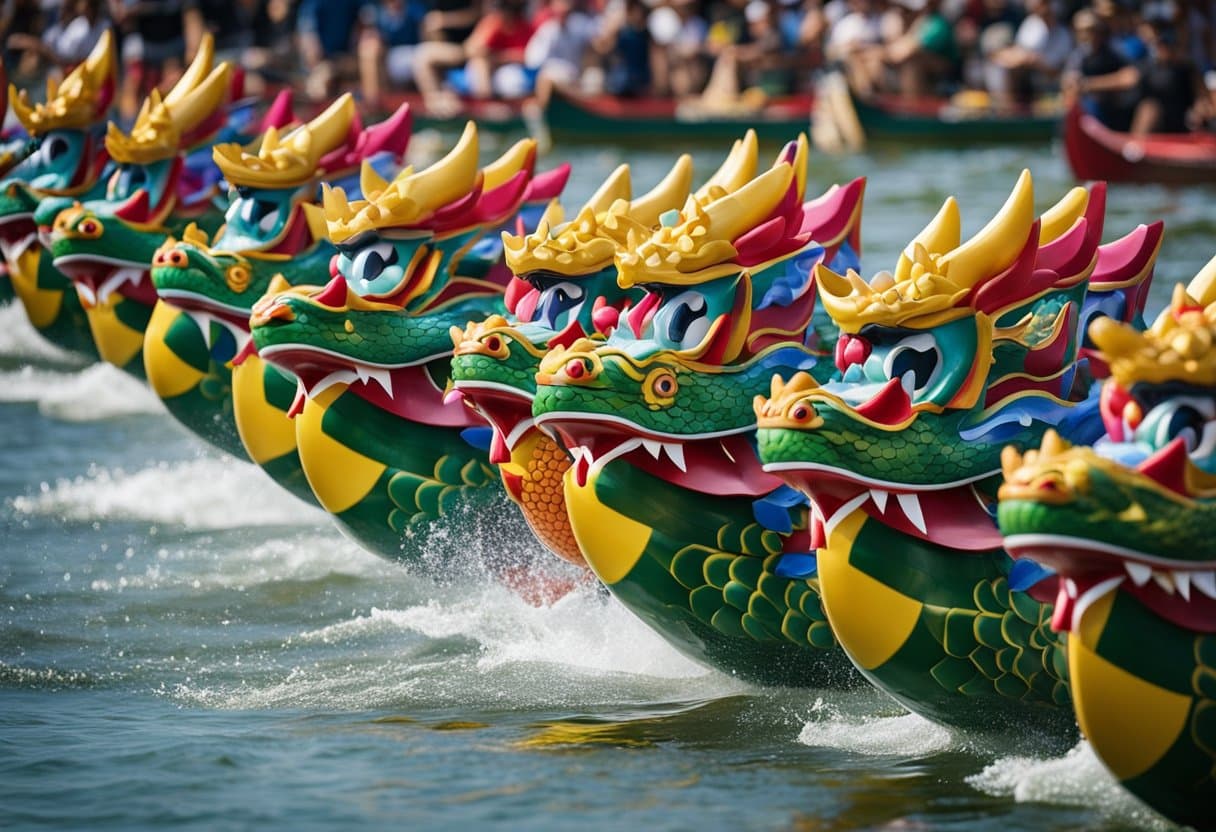 Dragon boats line the river, adorned with colorful scales and fierce dragon heads. Spectators cheer as teams paddle in unison, racing towards the finish line