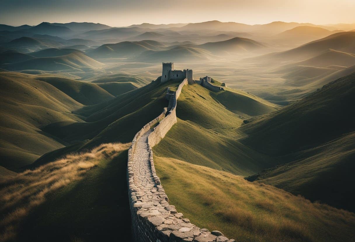A vast, winding ancient barrier stretches across rugged terrain, disappearing into the distant horizon. Towers and fortifications dot the landscape, hinting at a rich history