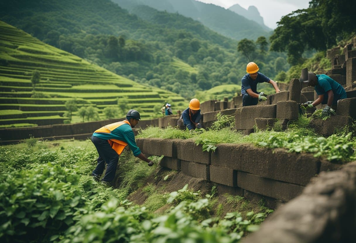 A team of workers meticulously repair a section of the ancient barrier, surrounded by lush greenery and distant mountains