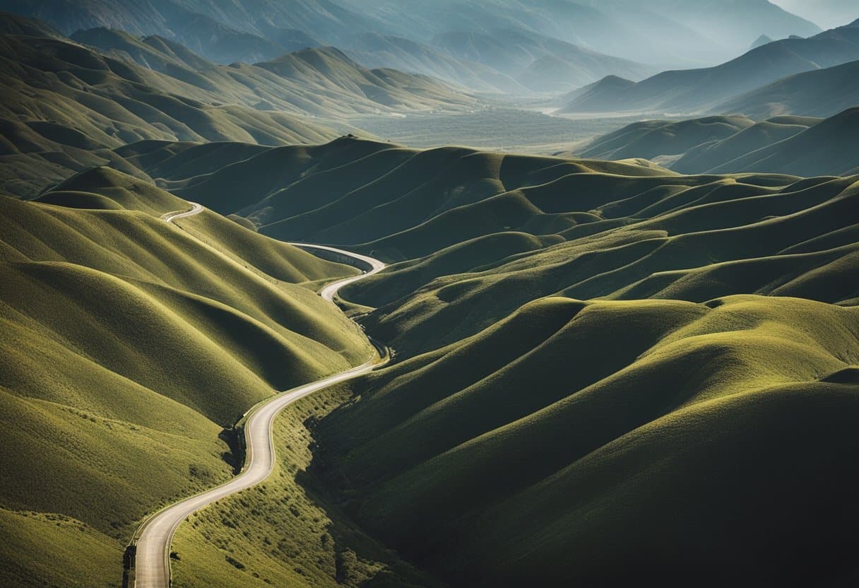 A winding ancient barrier stretches across rugged terrain, leading the eye towards distant, mysterious destinations beyond