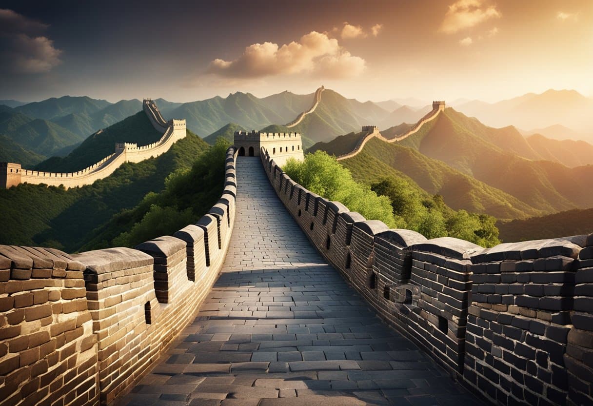 The illustration shows ancient barriers like the Great Wall, with symbolic elements representing cultural impact beyond China