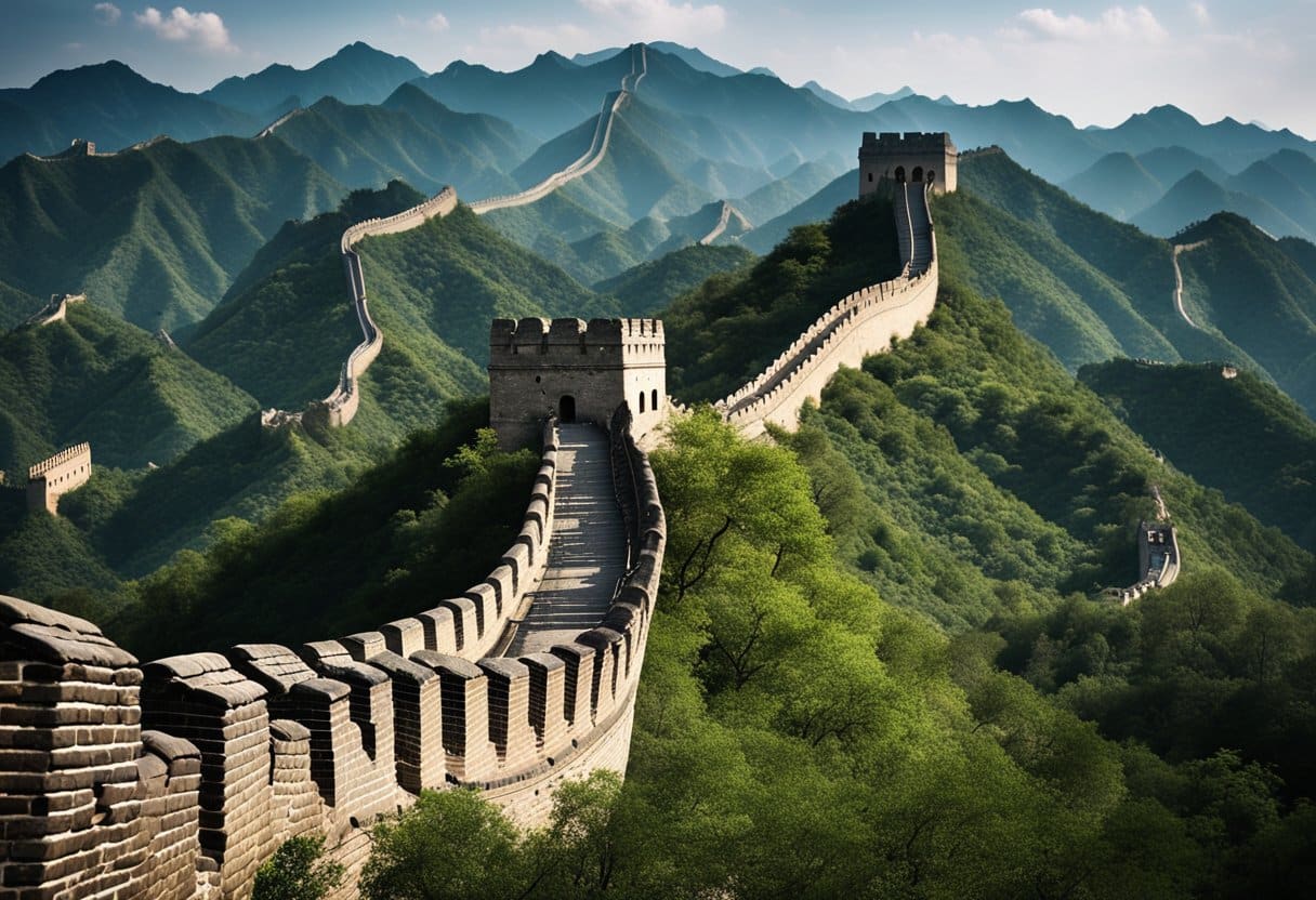 The Great Wall stretches across a rugged landscape, towering over the surrounding terrain. It winds its way through mountains and valleys, a testament to ancient engineering and the enduring influence of historical infrastructure on the modern world