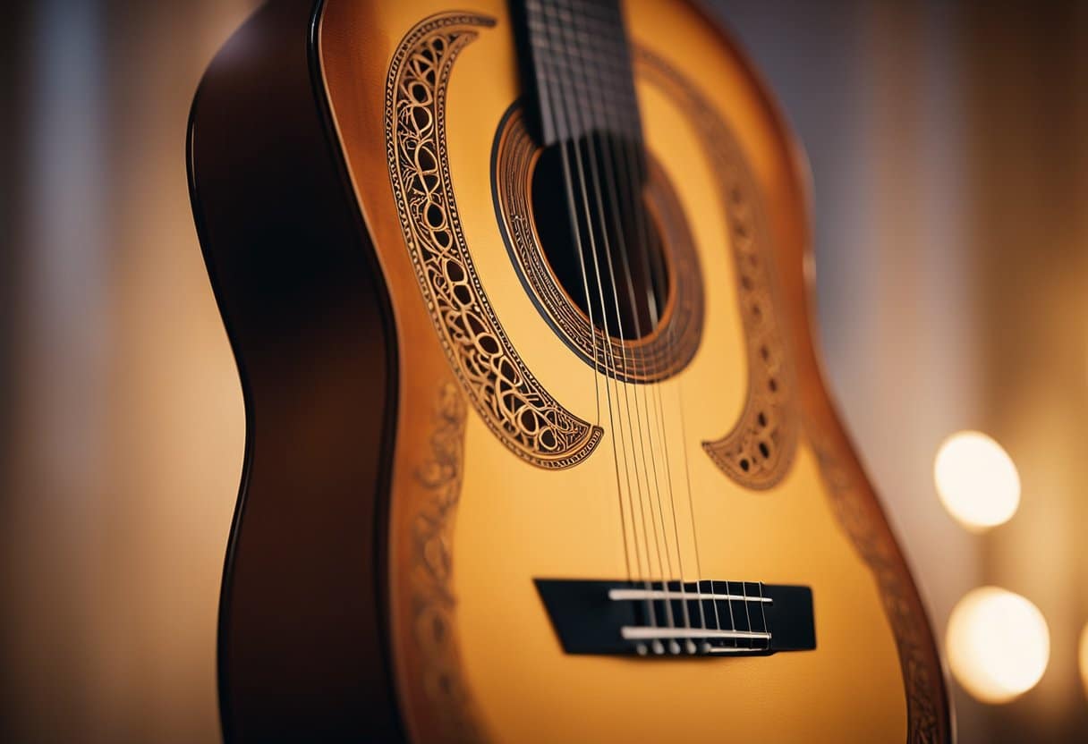 A lone Flamenco guitar stands center stage, bathed in the warm glow of a spotlight. The intricate woodwork and strings seem to vibrate with the soulful melodies of Spain