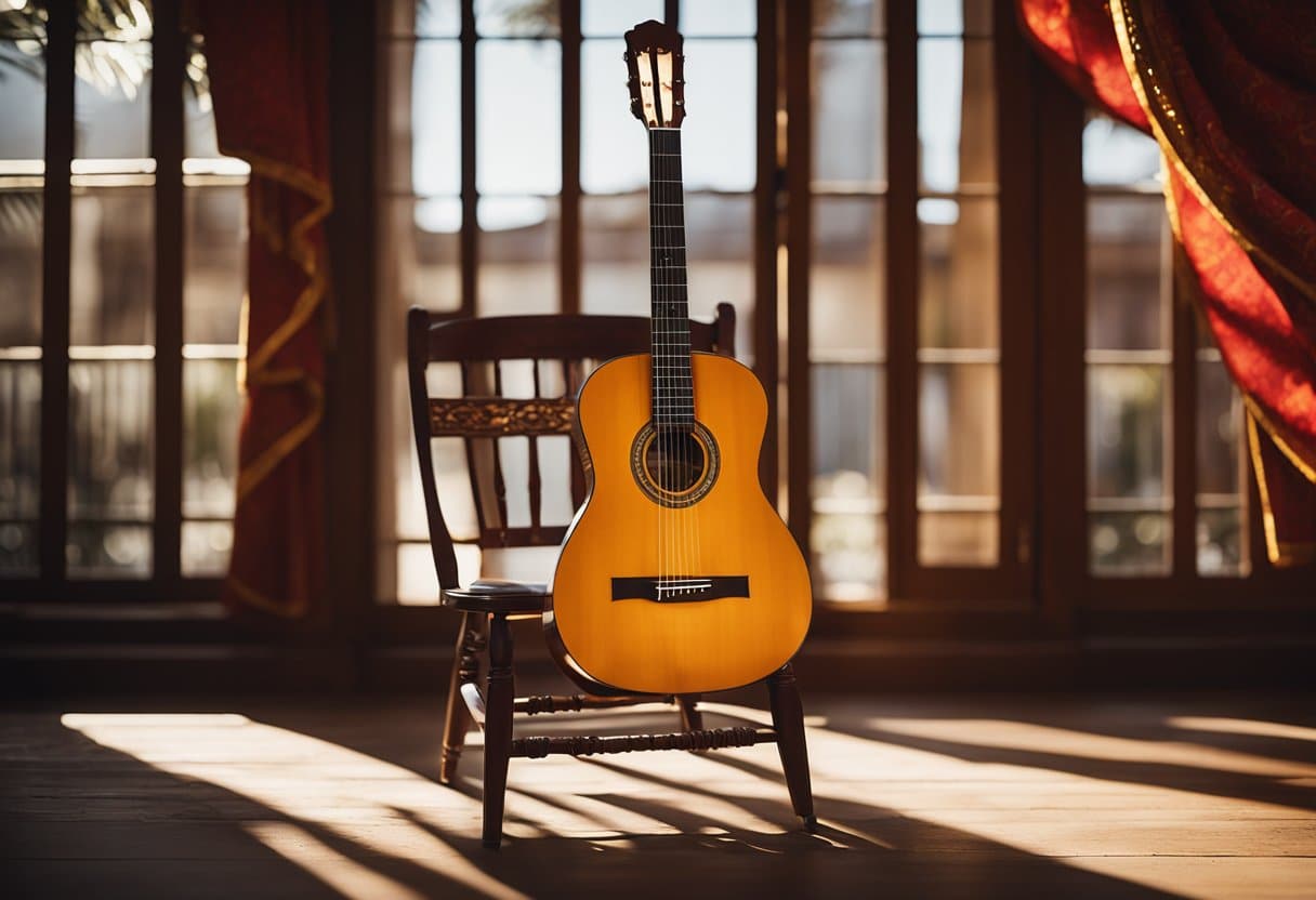 A flamenco guitar resting on a weathered wooden chair, surrounded by vibrant red and gold fabrics. Sunlight streaming through a window, casting dramatic shadows on the instrument
