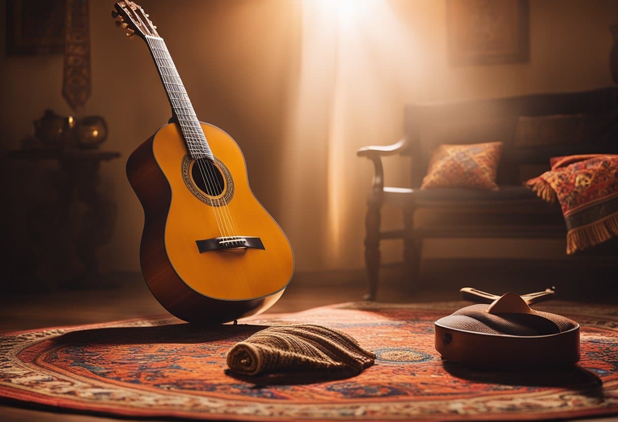 A flamenco guitar resting on a vibrant, patterned rug, surrounded by castanets, a shawl, and a fan. The room is filled with warm, golden light, casting dramatic shadows on the instruments