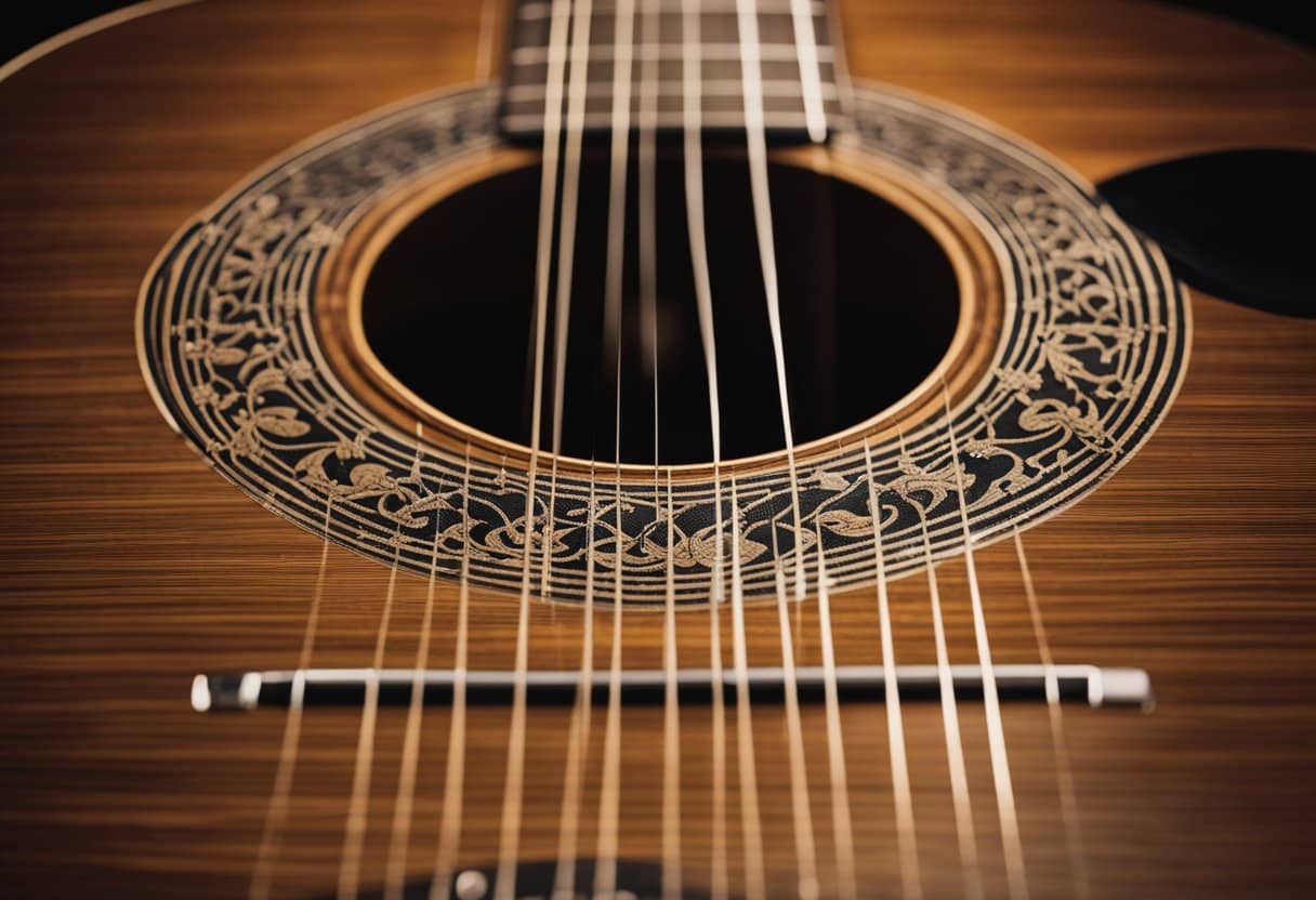 A lone flamenco guitar stands center stage, its strings vibrating with passion, echoing the soulful melodies of Spain. The music fills the air, captivating the audience with its raw emotion and rich cultural heritage