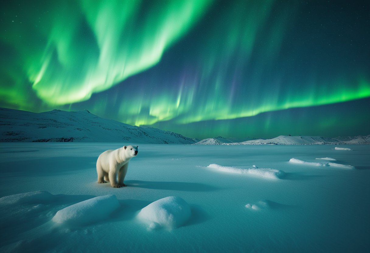 A polar bear prowls the icy tundra, as a traditional Inuit igloo stands in the background. The northern lights dance across the night sky, casting an otherworldly glow over the frozen landscape