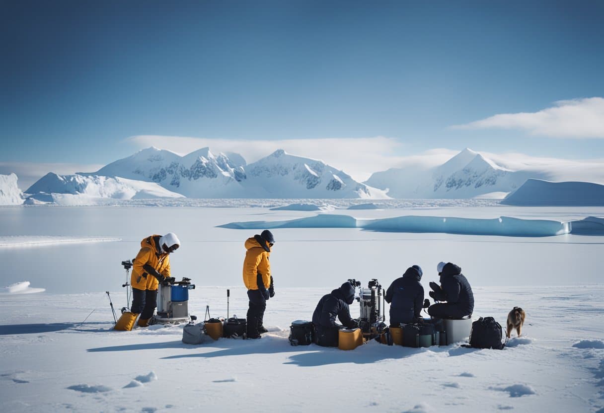 A group of researchers and explorers, surrounded by icy landscapes and polar wildlife, conduct scientific experiments and document their findings in the remote and harsh environment of the polar regions