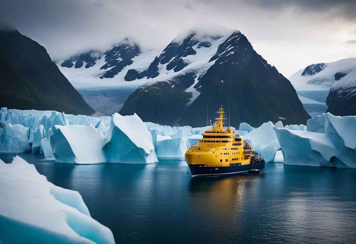 A modern research vessel breaks through icy waters, surrounded by towering glaciers and snow-capped mountains. Scientific equipment and technology are visible on deck, highlighting the intersection of science and exploration in polar regions