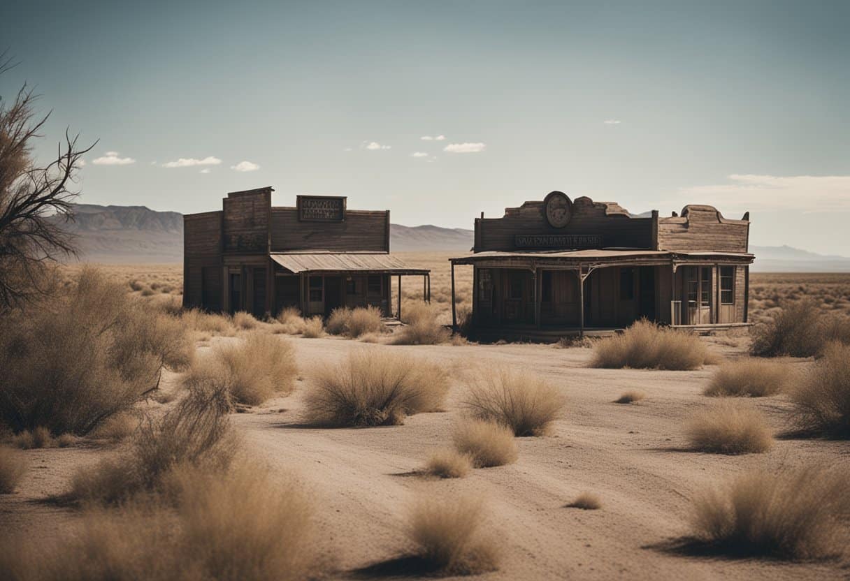 A desolate western town with abandoned buildings, dusty streets, and tumbleweeds blowing in the wind. A sense of eerie stillness and a haunting atmosphere lingers in the air