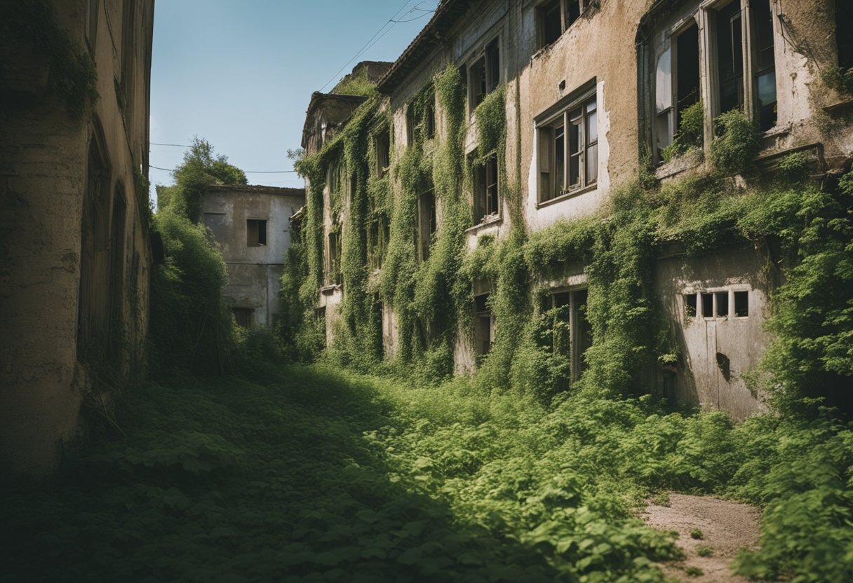 The abandoned town is swallowed by nature, with vines creeping up crumbling buildings and trees growing through once bustling streets