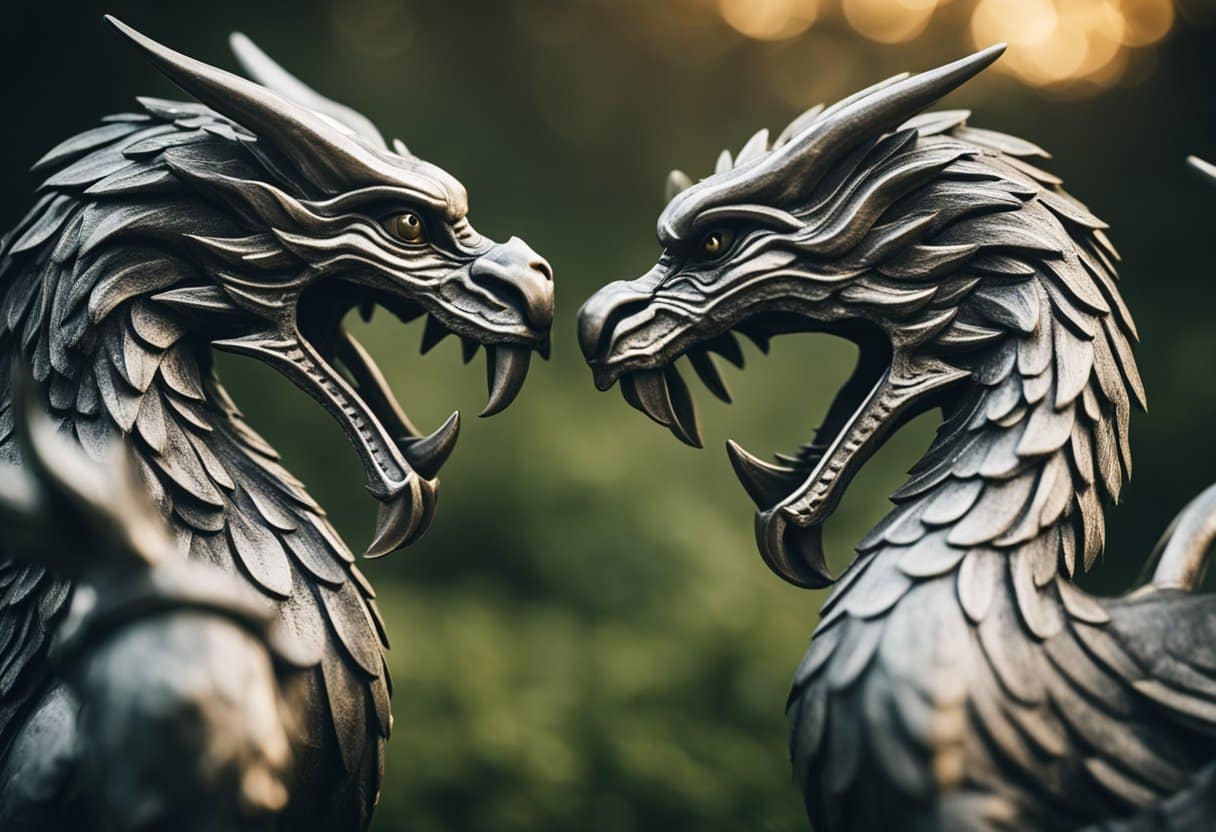 A fierce battle between mythical creatures, representing the eternal struggle between good and evil in Irish folklore