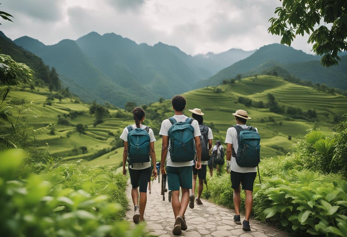 Psychology of Pilgrimages - A diverse group of people walking along a path, carrying backpacks and walking sticks, surrounded by lush greenery and mountains in the distance