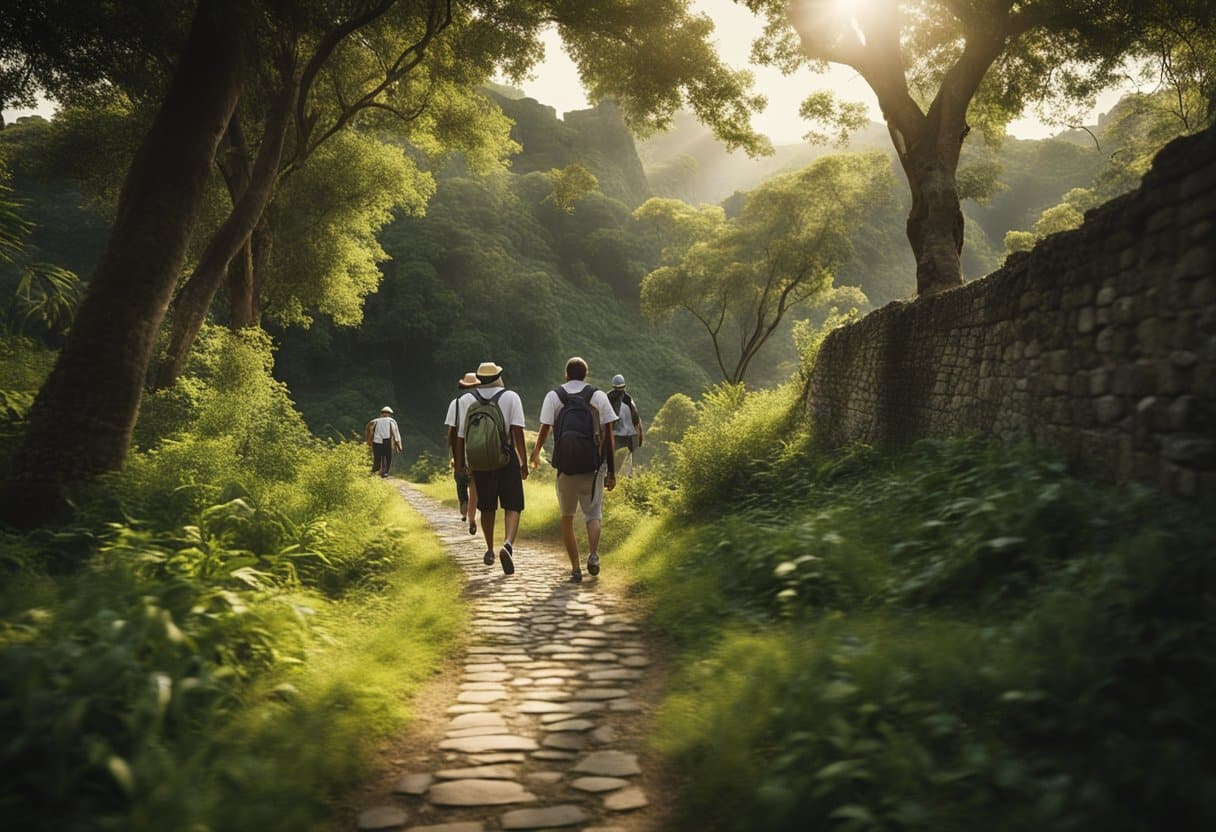 Psychology of Pilgrimages - A group of modern pilgrims walk along a winding path, surrounded by lush greenery and ancient ruins. The sun shines down on their journey, as they make their way towards a distant spiritual destination