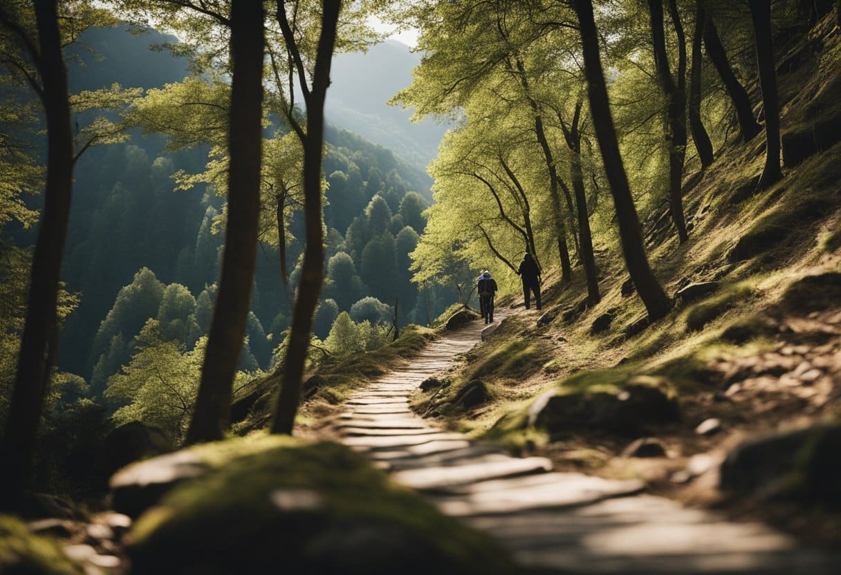Psychology of Pilgrimages - A winding path through mountains and forests, leading to a distant sacred site, with pilgrims walking in contemplation